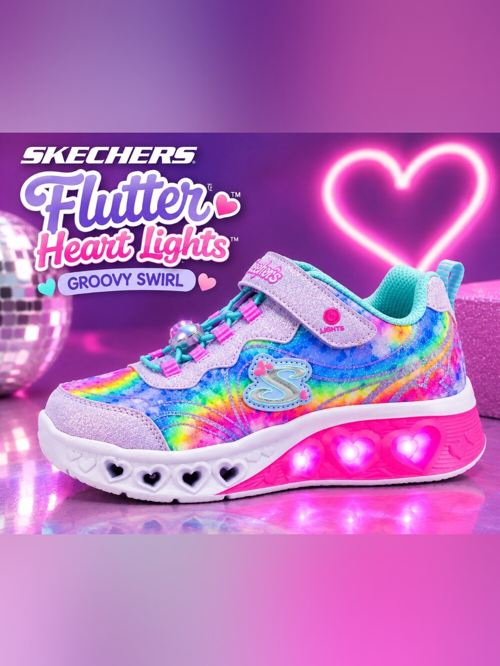 Skechers Glitter Heart Lights Kids' Light-Up Sneaker - Rainbow